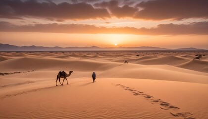 Camels walking in the golden vast desert in the distance.