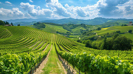 Fototapeta premium Green vineyard nestled in the countryside of Italy, with rolling hills, lush grapevines, and a clear blue sky.