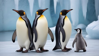 Fototapeta premium A flock of penguins on a glacier. A flock of penguins from Bilsko. Macro shot of a penguin family
