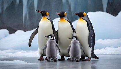 Obraz premium A flock of penguins on a glacier. A flock of penguins from Bilsko. Macro shot of a penguin family