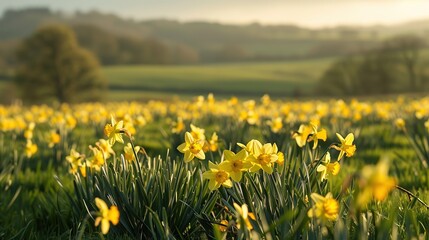 Obraz premium Field of yellow daffodils swaying gently in spring season with a blue sky in the background. The daffodils are in full bloom and the field is lush and green
