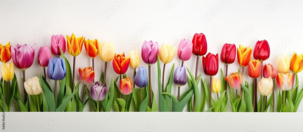Poster various colored tulips set against a white backdrop, providing ample copy space image.
