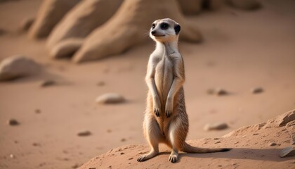 Fototapeta premium A meerkat standing on its hind legs. Macro photo of a meerkat in the desert