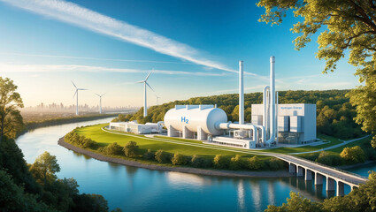 H2 hydrogen power plan for eco city on right and wind tubine near river blue sky, friendly concept blue background,text space on left