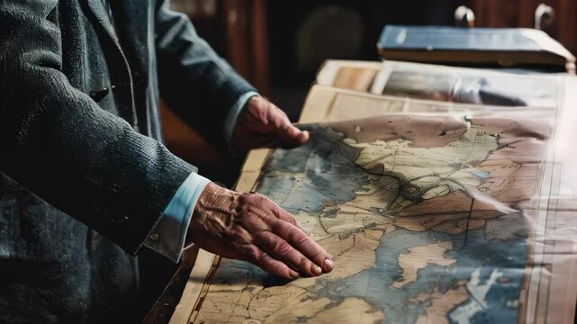 Elderly man examining old, detailed map at wooden desk
