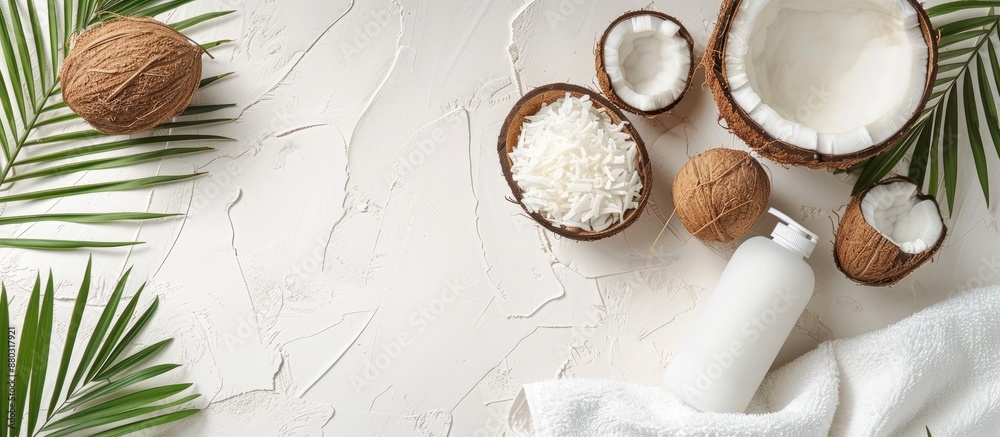 Poster Flat lay composition of coconut spa products on a white background with copy space image, highlighting natural spa cosmetics and organic treatments.