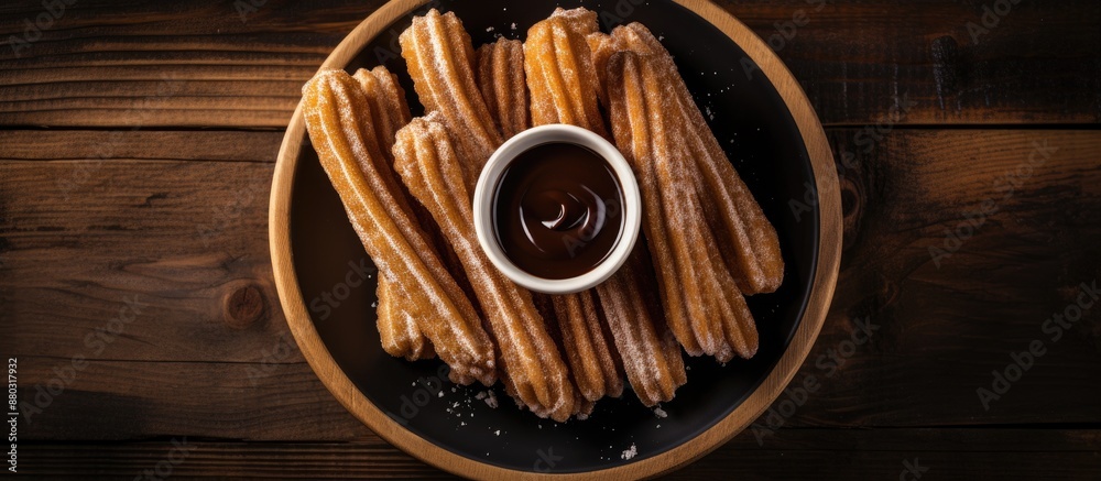 Poster top view of churros drizzled with chocolate sauce and sugar on a rustic wooden surface, with space f