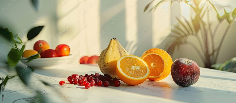 Poster Fresh sliced fruits on a table in the afternoon, with a background that leaves space for an image.