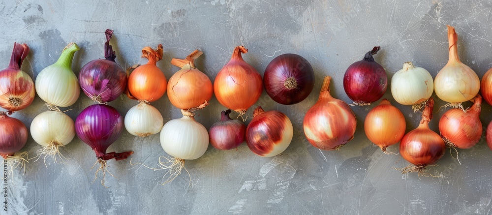 Aufkleber A variety of onions arranged on a gray concrete surface with available copy space image.