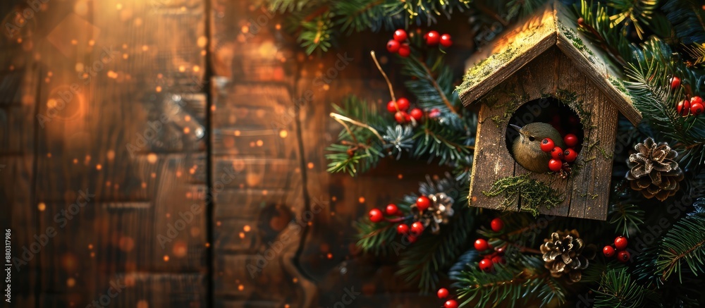 Poster A festive scene features a fir branch, birdhouse on wood background, ideal for adding text or images in the empty space.