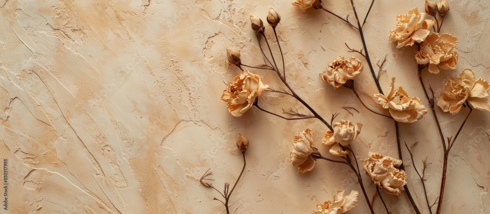 Poster wooden textured dried flowers and buds with a blank space for image insertion.