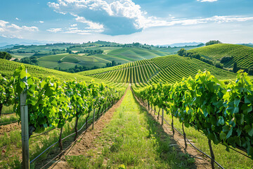 Obraz premium Green vineyard nestled in the countryside of Italy, with rolling hills, lush grapevines, and a clear blue sky.