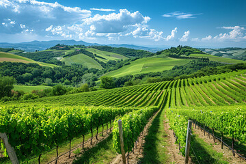 Fototapeta premium Green vineyard nestled in the countryside of Italy, with rolling hills, lush grapevines, and a clear blue sky.