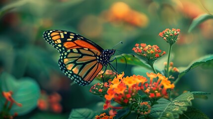 Fototapeta premium Monarch butterfly rests on a lantana flower in a field with soft blurred greenery in the background
