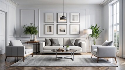 Fototapeta premium Modern white interior with sleek furniture, minimalist decor, and framed poster artwork adorned with border frames exuding elegance and refinement.
