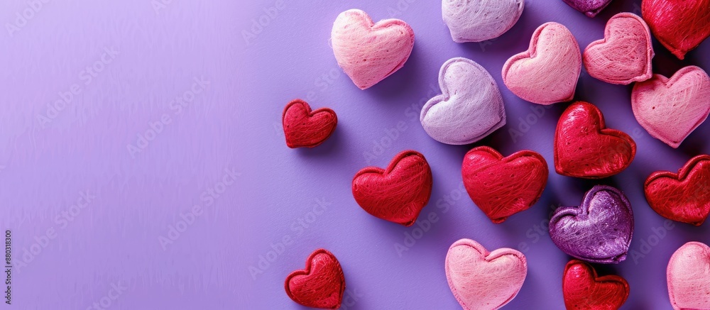 Poster top view of red and pink hearts on a purple background for valentine's day, with a flat lay style an