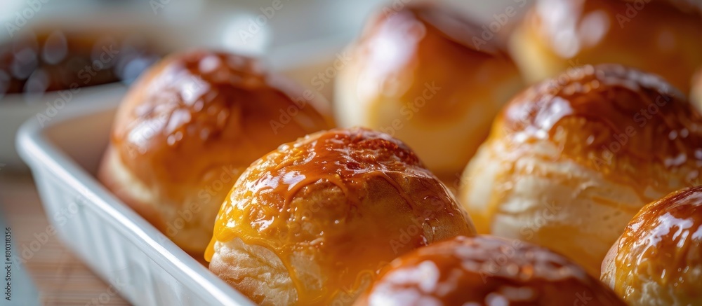 Aufkleber cheese buns with various fillings like dulce de leche and guava jam, neatly arranged in a white cont