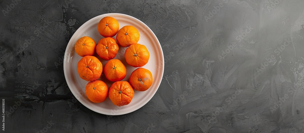 Poster High angle view of tangerines on a white plate with copy space image.