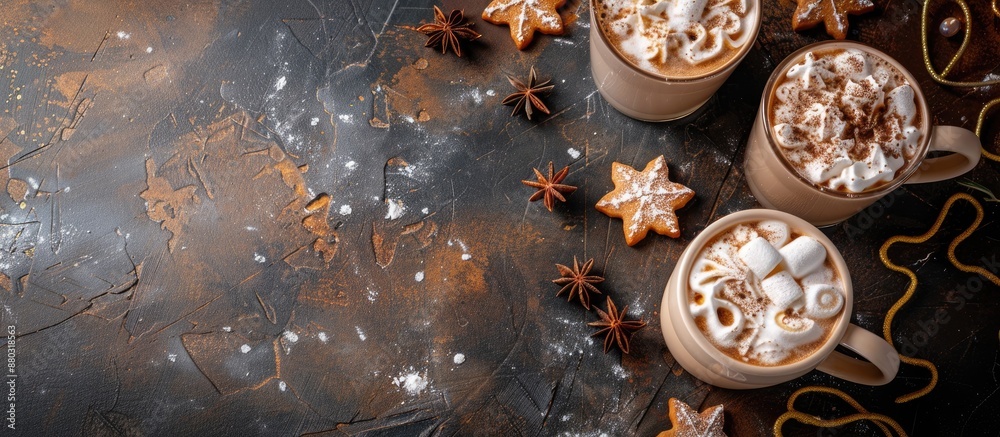 Aufkleber Christmas cocktail with marshmallow and gingerbread cookies on a stone table in a flat lay image from above with copy space.