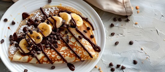 A homemade crepe filled with nut spread, banana, and chocolate, topped with chocolate custard, chocolate sauce, and chocolate chips, displayed in a top-view copy space image.