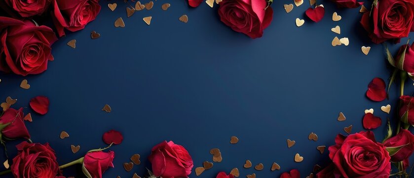 Blue background with roses flowers frame and gold hearts beautiful banner header with copy space empty perfect for valentines mother's day wedding invitation romantic elegant designs and 