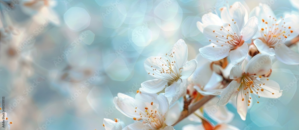 Fototapete close-up of almond blossom in early spring with a soft blue background to add a dreamy effect, ideal
