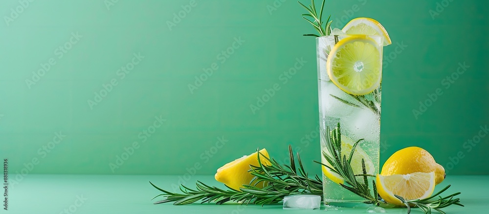 Poster Refreshing carbonated beverage featuring lemon and rosemary on a green backdrop with a copy space image.