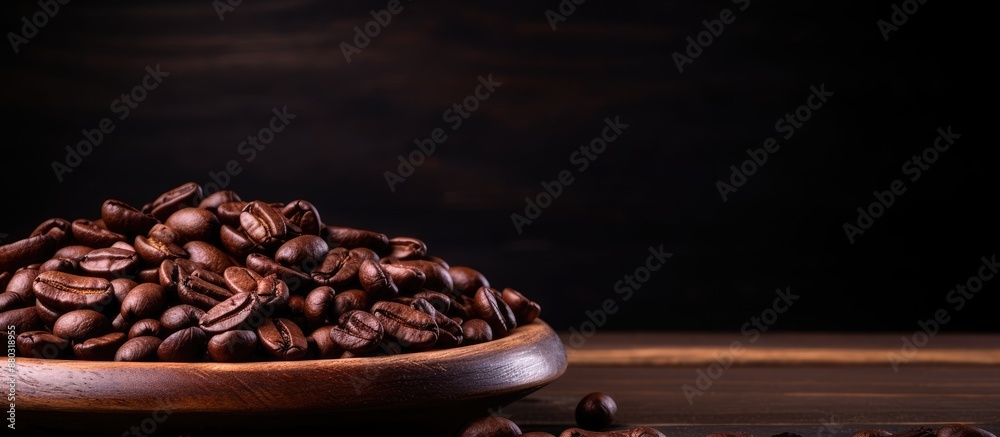 Leinwandbilder close-up of coffee beans on a wooden plate against a dark background, providing ample copy space for