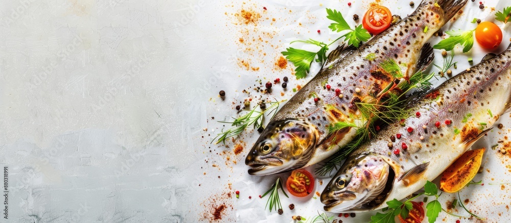 Poster Baked trout with a side of garnish and a blank copy space image.