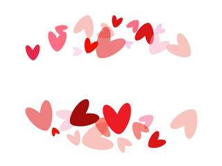 Red hearts confetti. Scatter cornered border on white valentine background.