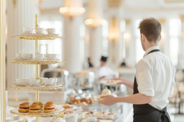 Highend hotel butler, serving afternoon tea in an opulent setting, Classic, Neutral and Gold, Digital Painting, Sophisticated service