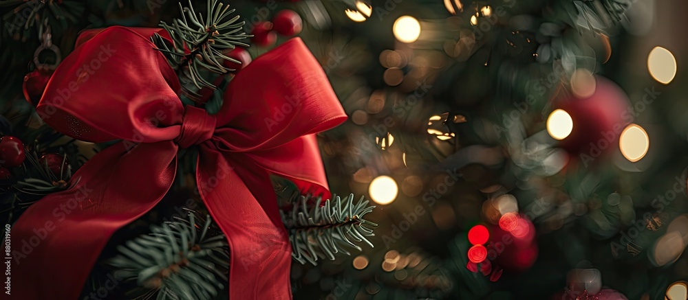 Aufkleber merry christmas! a close-up of a red bow on a christmas tree with decorations and lights in the back