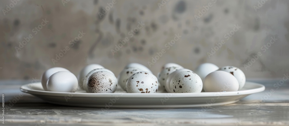 Poster white porcelain plates presented with a display of quail eggs, ideal for showcasing with a copy spac