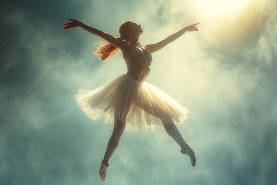 A ballerina dancer in a fluffy dress jumps, lithe elegance gracefully performs a classic blet in the fog.