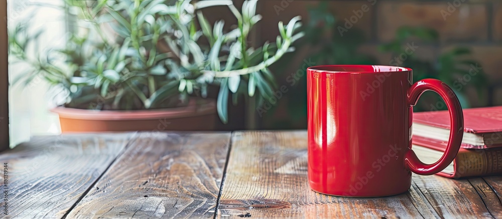 Aufkleber Large red mug and book on a desk with copy space image.