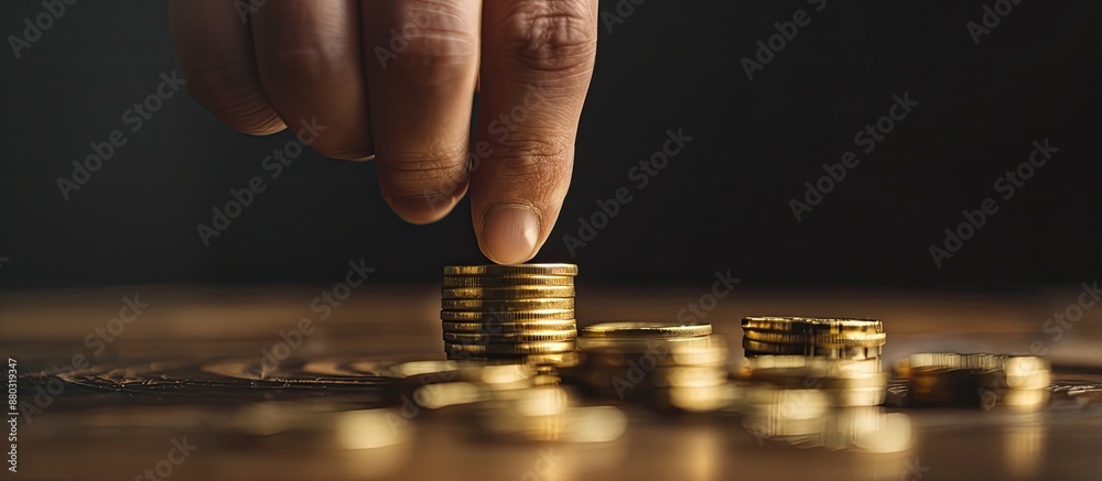 Poster a hand neatly arranges gold coins on a wooden table against a black wall, reflecting concepts of fin
