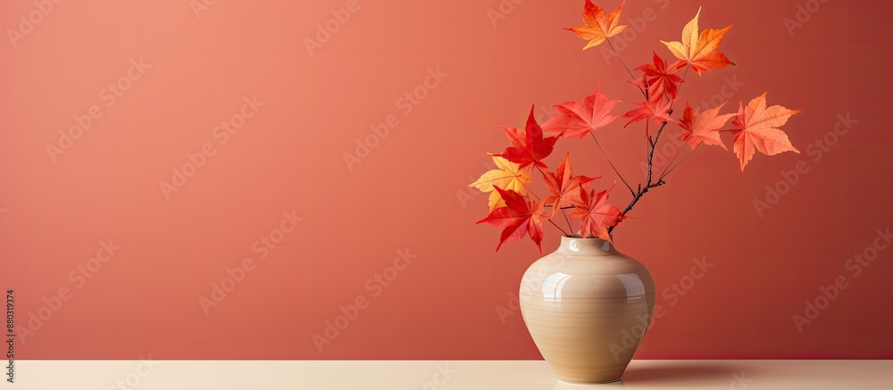 Poster Minimalist autumn concept with a vase containing maple leaves, focused on the arrangement with a copy space image.