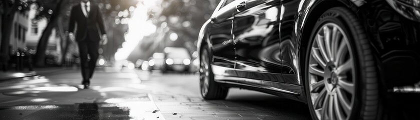 Luxury hotel chauffeur, assisting guests with their transportation needs in a sleek vehicle, Modern, Black and White, Photograph, VIP transport service