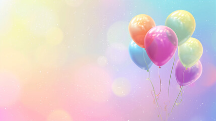 Colorful balloons floating in the sky with a rainbow gradient background. Balloons located corner 