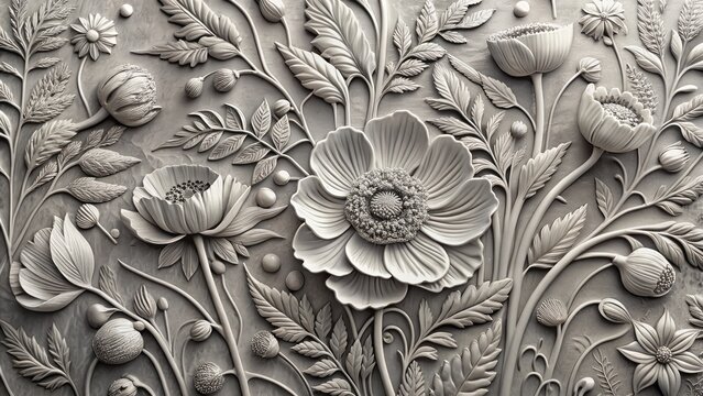 Soft focus, tone-on-tone, gray bas relief depiction of delicate poppy flowers with intricate details, subtle texture, and gentle nuances.