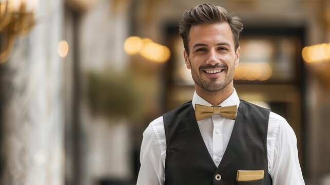 A warmly welcoming luxury hotel greeter, dressed in elegant attire, greets guests with a genuine smile at the grand entrance, a five-star hospitality experience.