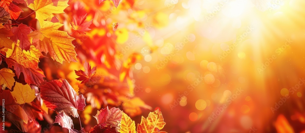 Aufkleber Fall foliage with red and yellow hues, bathed in sunlight, creating a backdrop with space for text or images.
