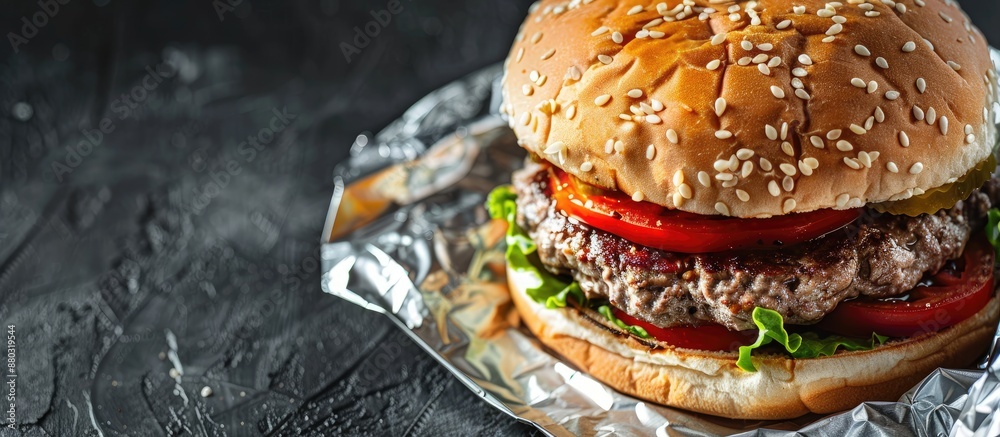 Poster Macro shot of a large beef burger in foil packaging with copy space image.