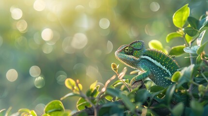 Chameleon perched on a branch in a lush green forest. Concept of tranquility and harmony with nature