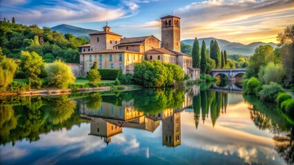 Obraz premium A scenic morning view of the picturesque Cathedral of Santa Maria Assunta situated alongside the tranquil Nera River in Terni Italy.