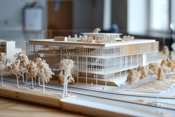 Detailed Architectural Model of a Modern Building With Trees and a Waterway