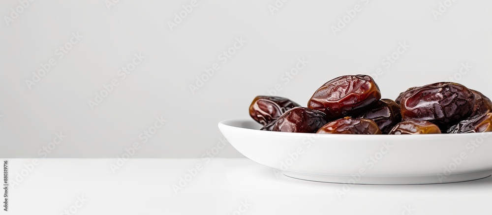 Poster Fresh dates displayed on a white plate against a white background with ample copy space image.