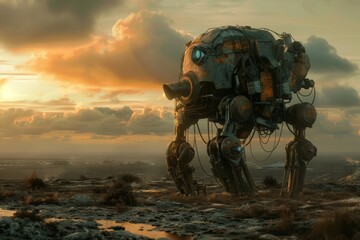Rusty Mechanical Walker at Sunset in a Desolate Landscape