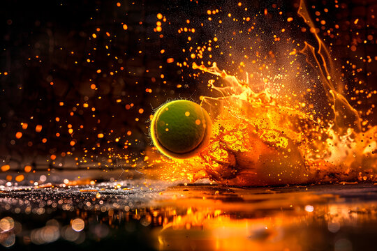 Tennis ball on cort with flames, sport composition