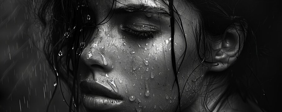 A soul filled with sadness, its tears falling like raindrops, leaving a trail of sorrow on the face, like a gentle downpour washing over a parched landscape.